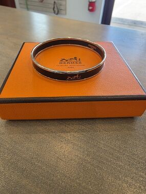 Hermes Black Enamel Bangle with Silver Trim